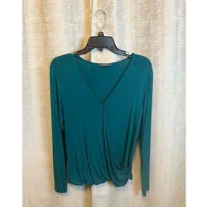 Teal Draped Long Sleeve Top Tart V-Neck Blouse Size Medium